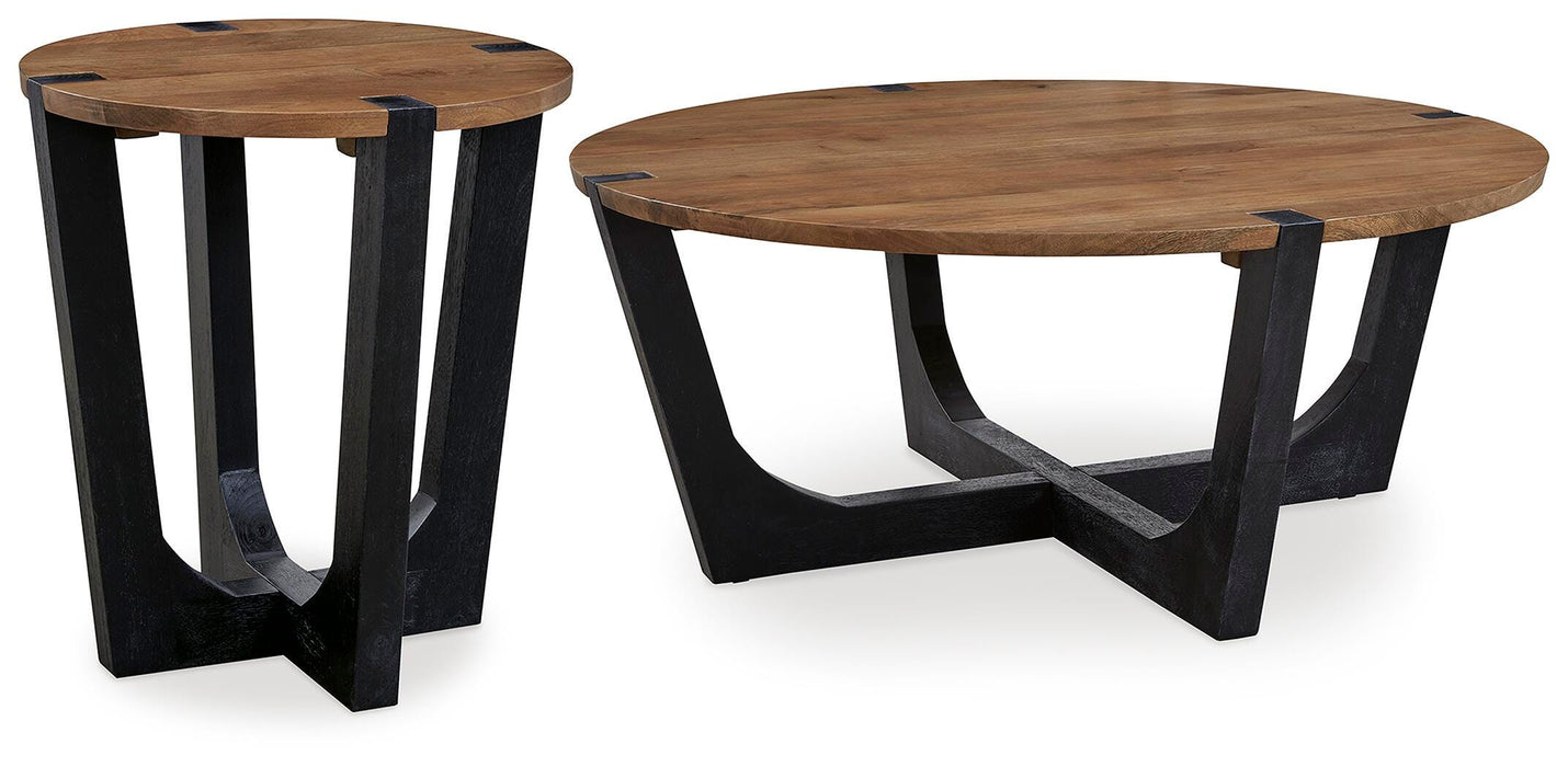 Ashley Furniture Hanneforth occasional table set with three stylish tables featuring wooden tops and metal legs.