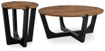 Ashley Furniture Hanneforth occasional table set with three stylish tables featuring wooden tops and metal legs.