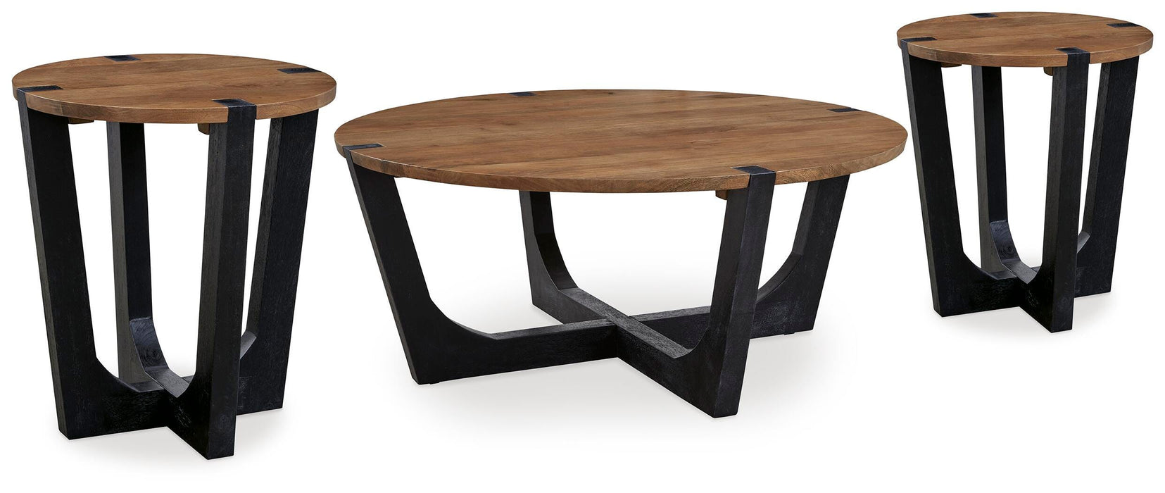 Set of Ashley Furniture Hanneforth occasional tables, including a coffee table and side table with wood finish and modern design.