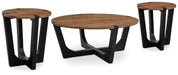 Set of Ashley Furniture Hanneforth occasional tables, including a coffee table and side table with wood finish and modern design.