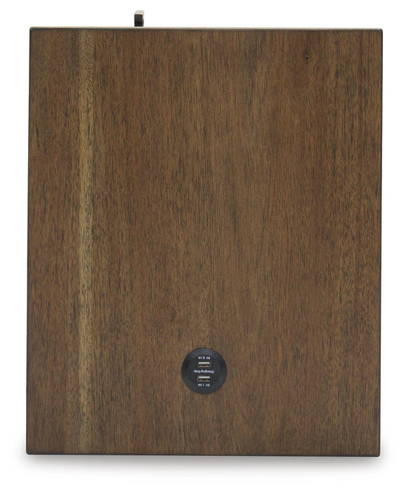Ashley Moriville Chairside End Table with a wooden top and sleek design, perfect for living room or bedside use.