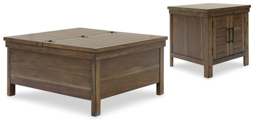 Ashley Furniture Moriville Occasional Table Set with three stylish wooden tables and sleek metal legs displayed on a modern living room.