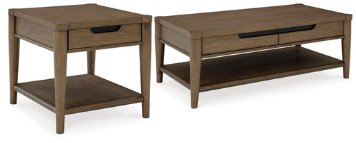 Ashley Furniture Roanhowe Occasional Table Set featuring three wooden tables with a dark finish and modern design.