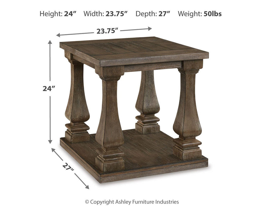 Ashley Furniture Johnelle end table with a dark wood finish and modern design, featuring a spacious top and storage shelf.