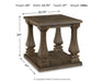Ashley Furniture Johnelle end table with a dark wood finish and modern design, featuring a spacious top and storage shelf.