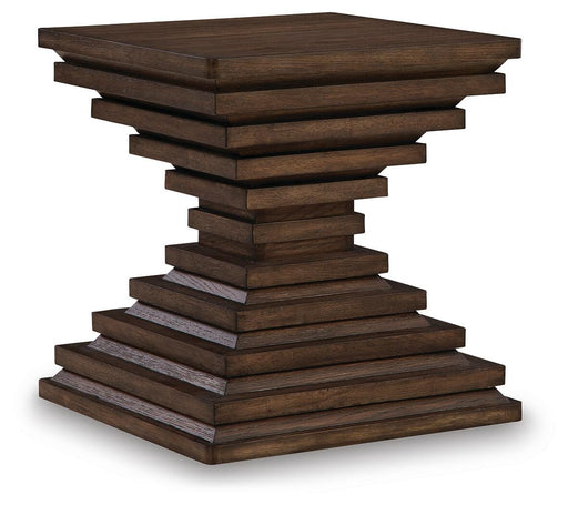 Ashley Furniture Hannodream end table with a sleek wooden surface and modern design, shown from an angled side view.