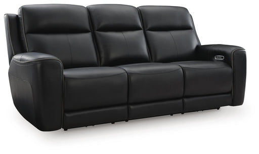 Ashley Furniture 5Z-Relaxation Power Reclining Sofa showing a close-up of the closed recliner with plush upholstery and built-in power controls.