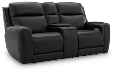 Ashley Furniture 5Z-Relaxation power reclining loveseat with console, showing plush upholstery and adjustable reclining features.