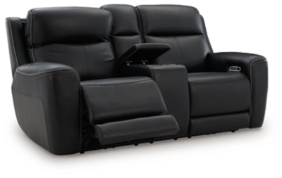 Ashley Furniture 5Z-Relaxation power reclining loveseat with console, showing the open reclined position and plush upholstery.