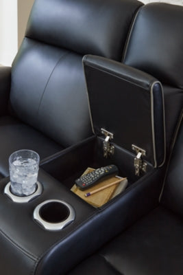 Ashley Furniture 5Z-Relaxation Power Reclining Loveseat with Console, showing plush fabric, reclining mechanism, and built-in console.