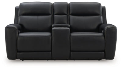 Ashley Furniture 5Z-Relaxation Power Reclining Loveseat with Console, featuring plush cushions and a built-in center console, head-on view.