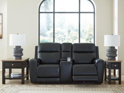 Ashley Furniture 5Z-Relaxation power reclining loveseat with built-in console, shown in open position with plush upholstery.
