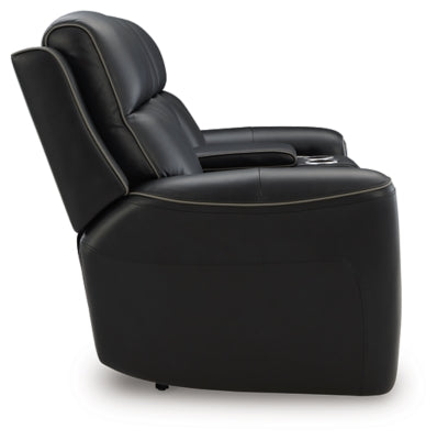 Ashley Furniture 5Z-Relaxation power reclining loveseat with console, featuring plush upholstery and side controls, shown from the side view.