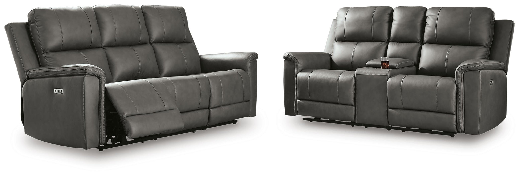 Ashley Furniture Bleckley reclining living room set with sofa and loveseat in dark upholstery, stylish and comfortable for modern spaces.