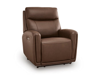 Ashley Furniture Pincara Power AutoGlide Recliner in dark upholstery, shown from an angled view with the footrest extended and reclined.
