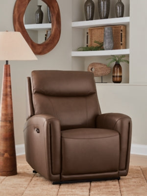 Ashley Furniture Pincara Power AutoGlide recliner in dark fabric, showing plush cushioning and built-in reclining mechanism.