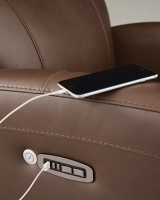 Ashley Furniture Pincara Power AutoGlide Recliner with heat, massage, and USB charging, shown in a comfortable reclined position